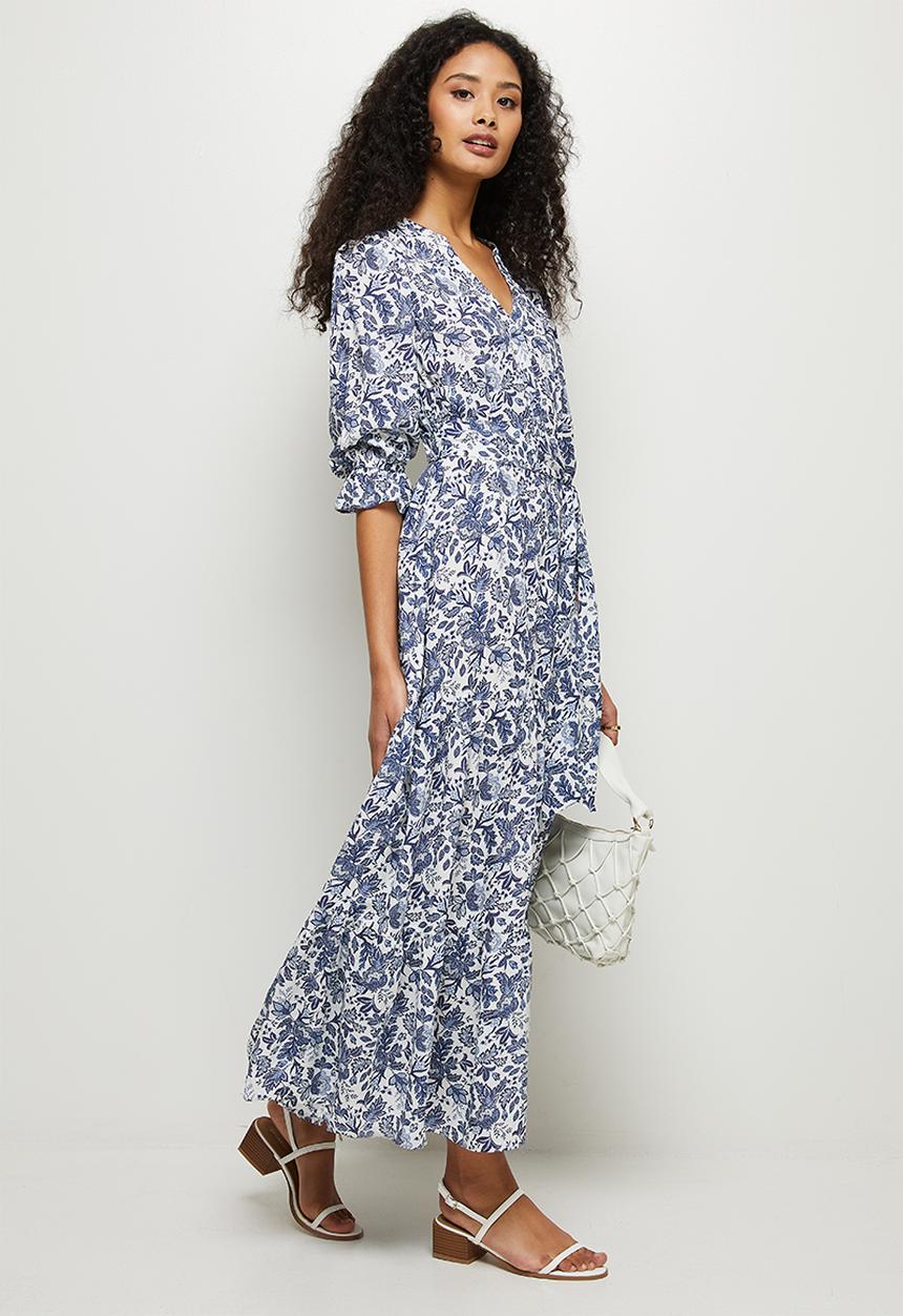 edit - Ruffled detail tiered midi dress - navy & white 