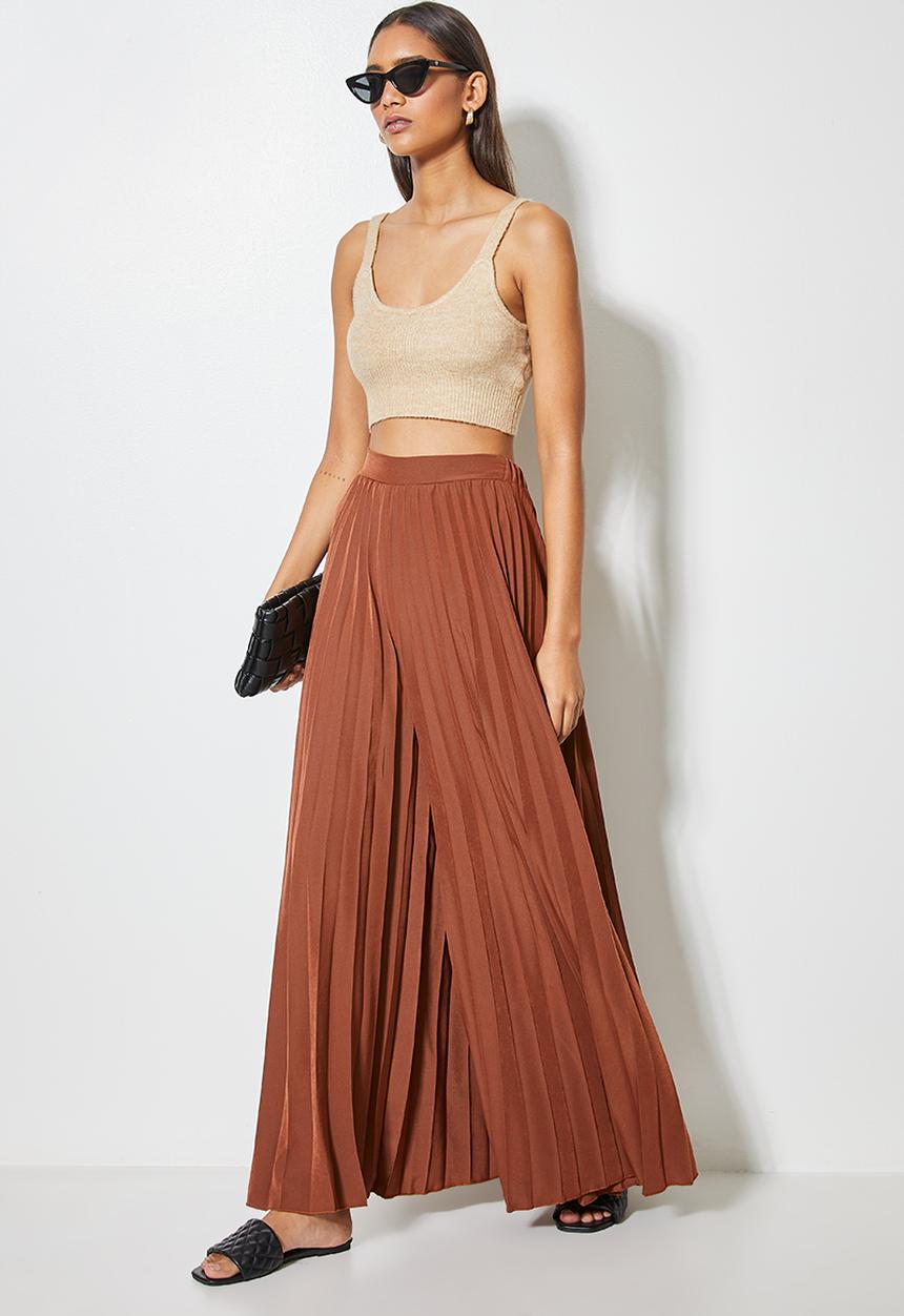 VELVET - Pleated palazzo - brown