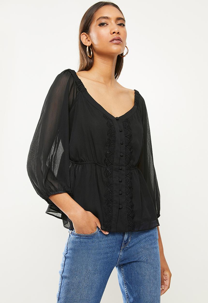GUESS - Long sleeve kersten lace trim top - black