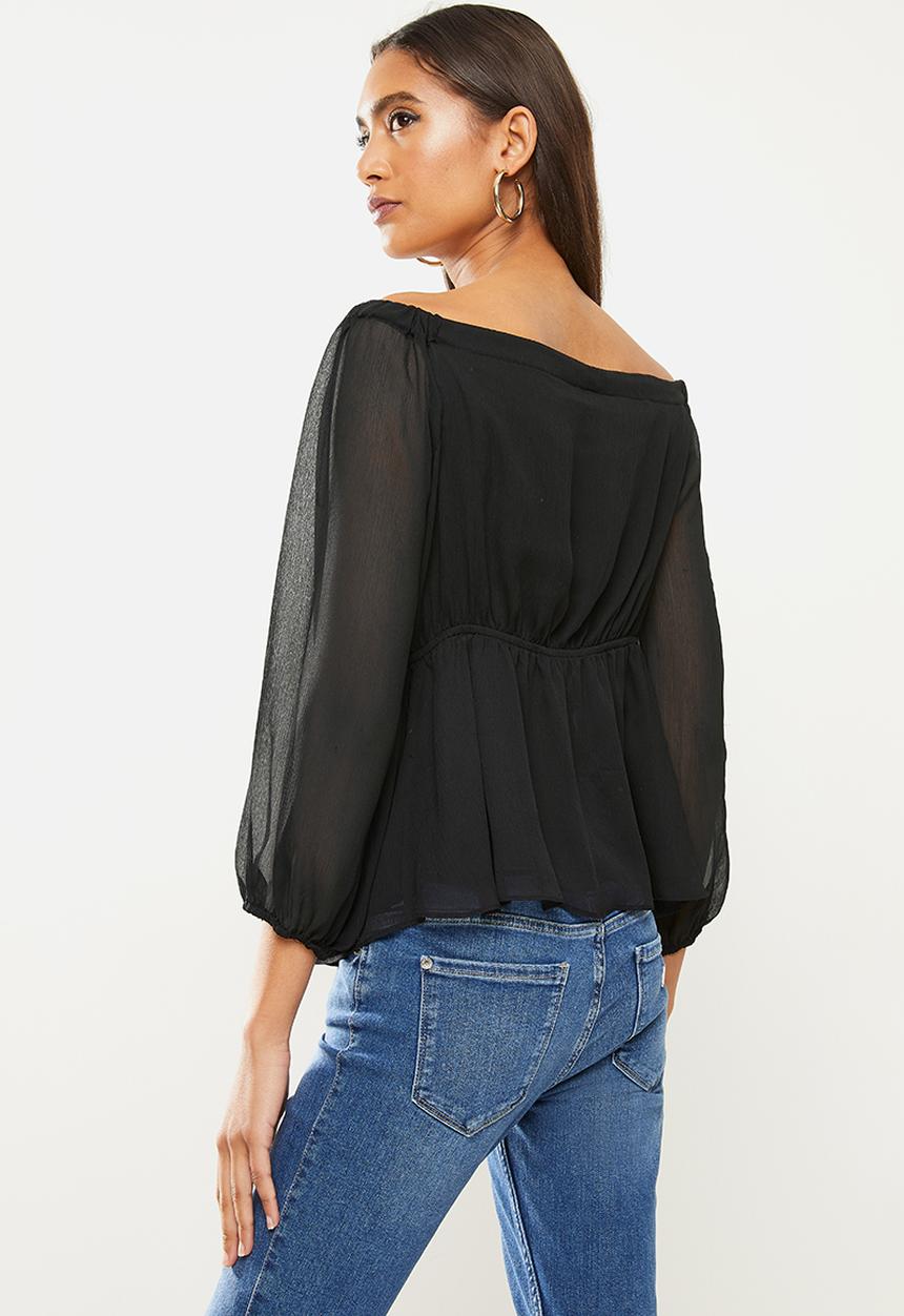 GUESS - Long sleeve kersten lace trim top - black