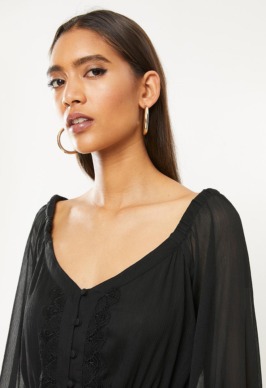 GUESS - Long sleeve kersten lace trim top - black