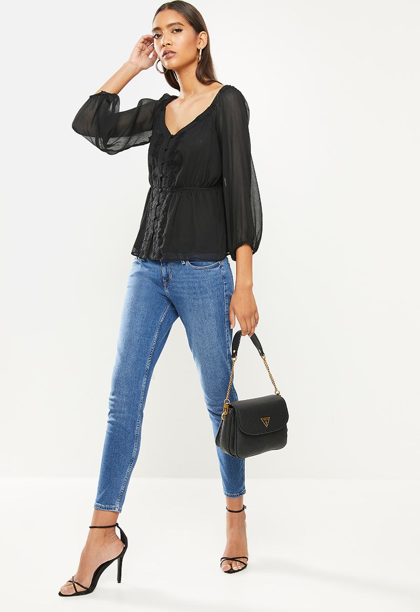 GUESS - Long sleeve kersten lace trim top - black