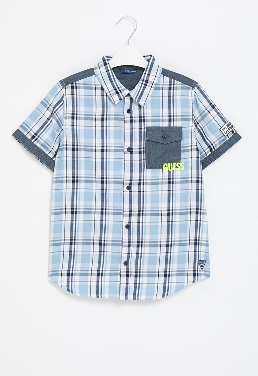 GUESS - Younger boys short sleeve check shirt - blue & white