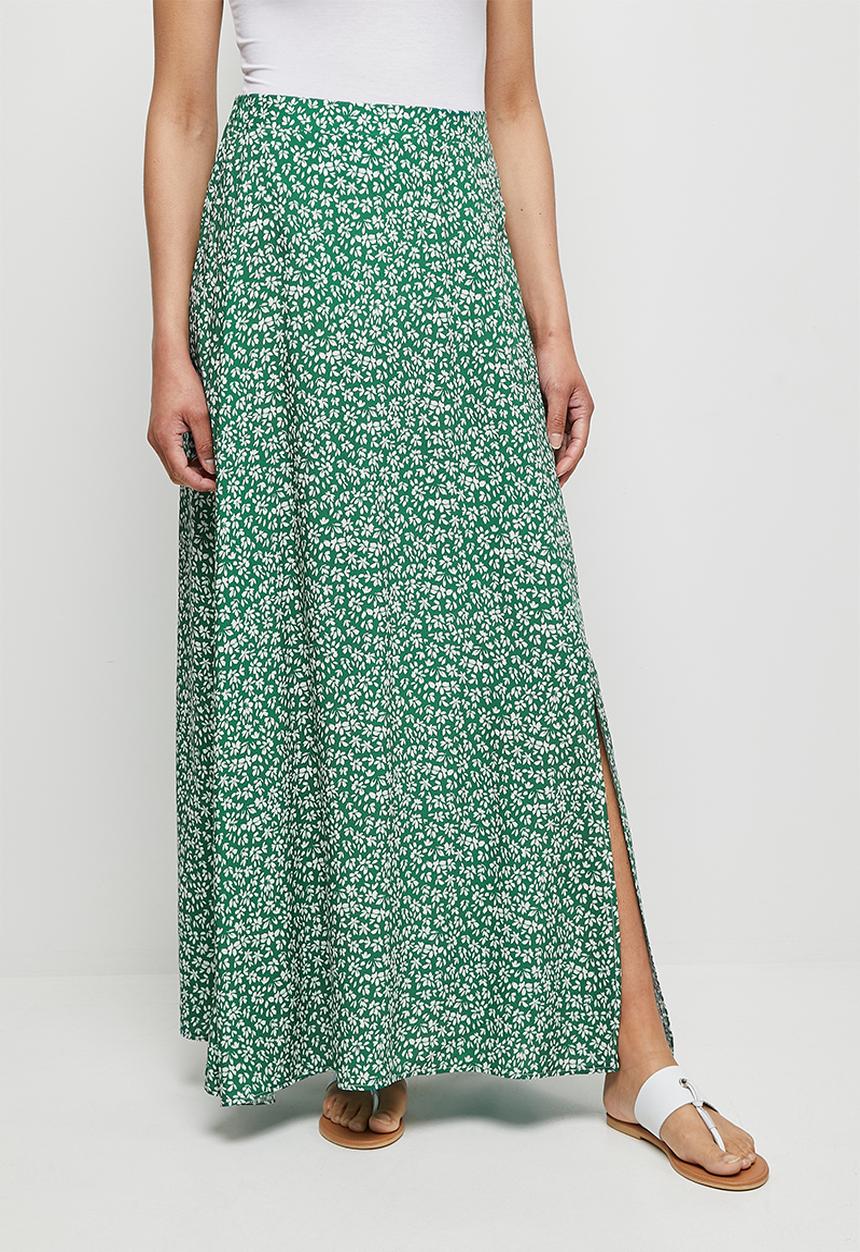 edit - Pull on slit maxi skirt - green ditsy floral