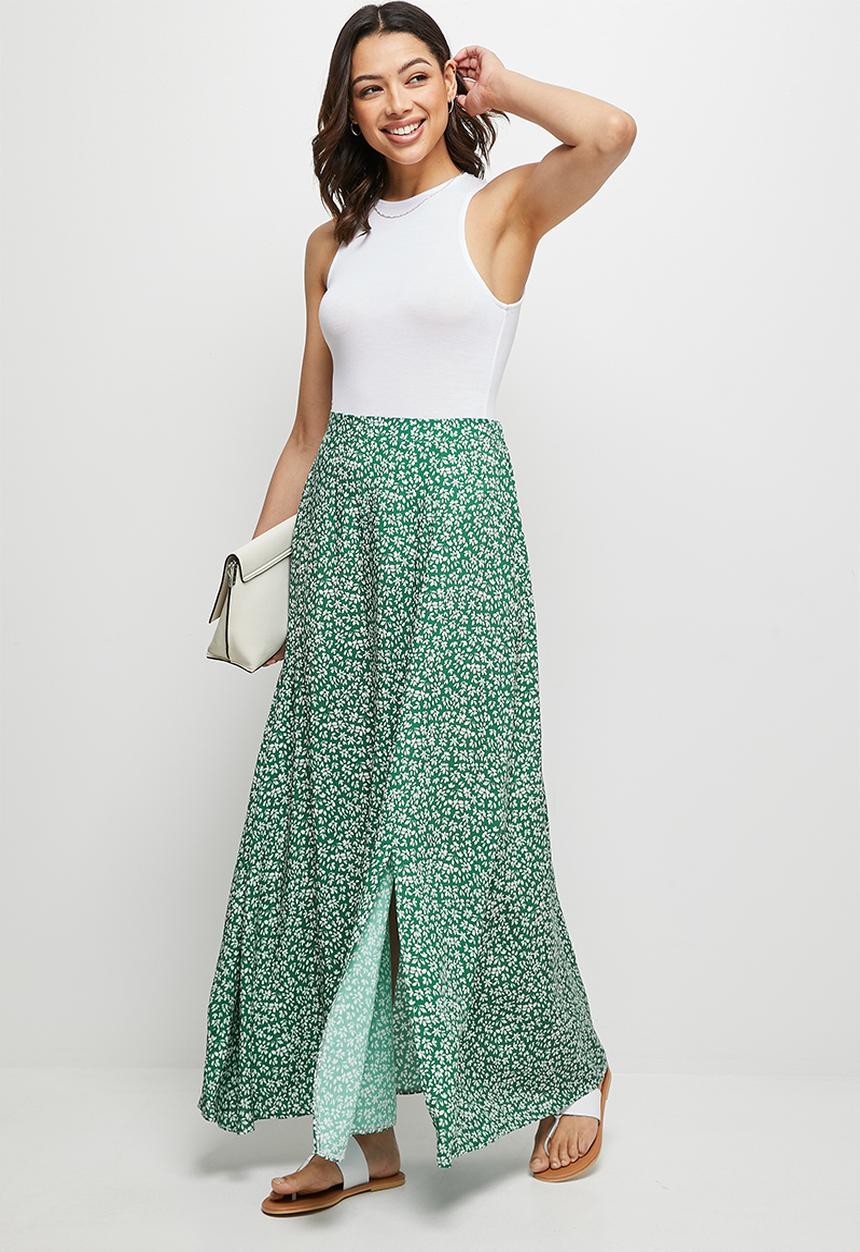 edit - Pull on slit maxi skirt - green ditsy floral