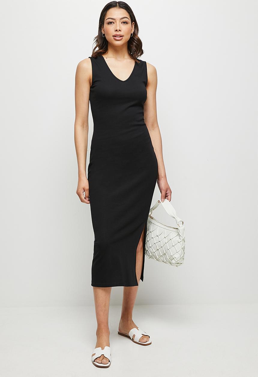 edit - V-neck heavy knit column dress - black