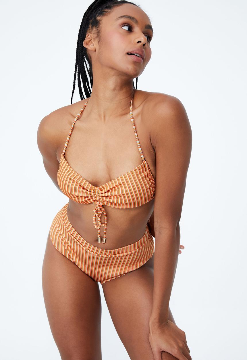 Cotton On - Gathered backless halter bikini top - carrot cake multi lurex stripe