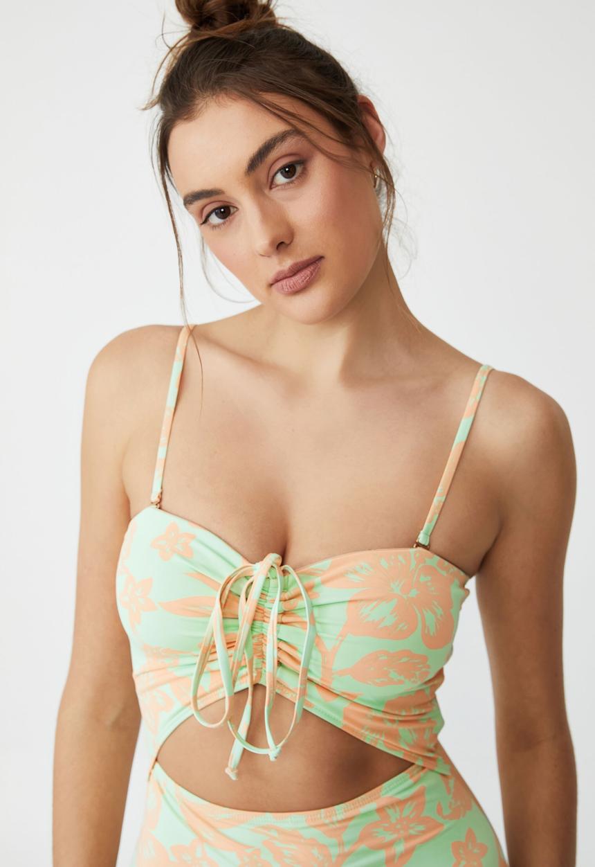 Cotton On - Gathered tie front halter one piece cheeky - hibiscus vine mint chip