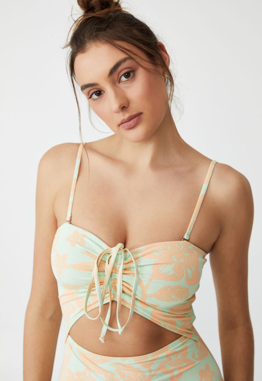 Cotton On - Gathered tie front halter one piece cheeky - hibiscus vine mint chip