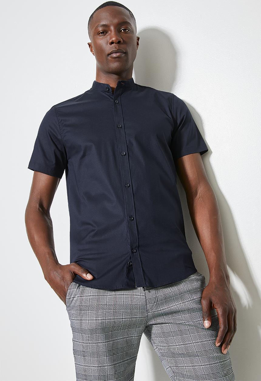 Superbalist - Mandarin slim fit short sleeve shirt - navy
