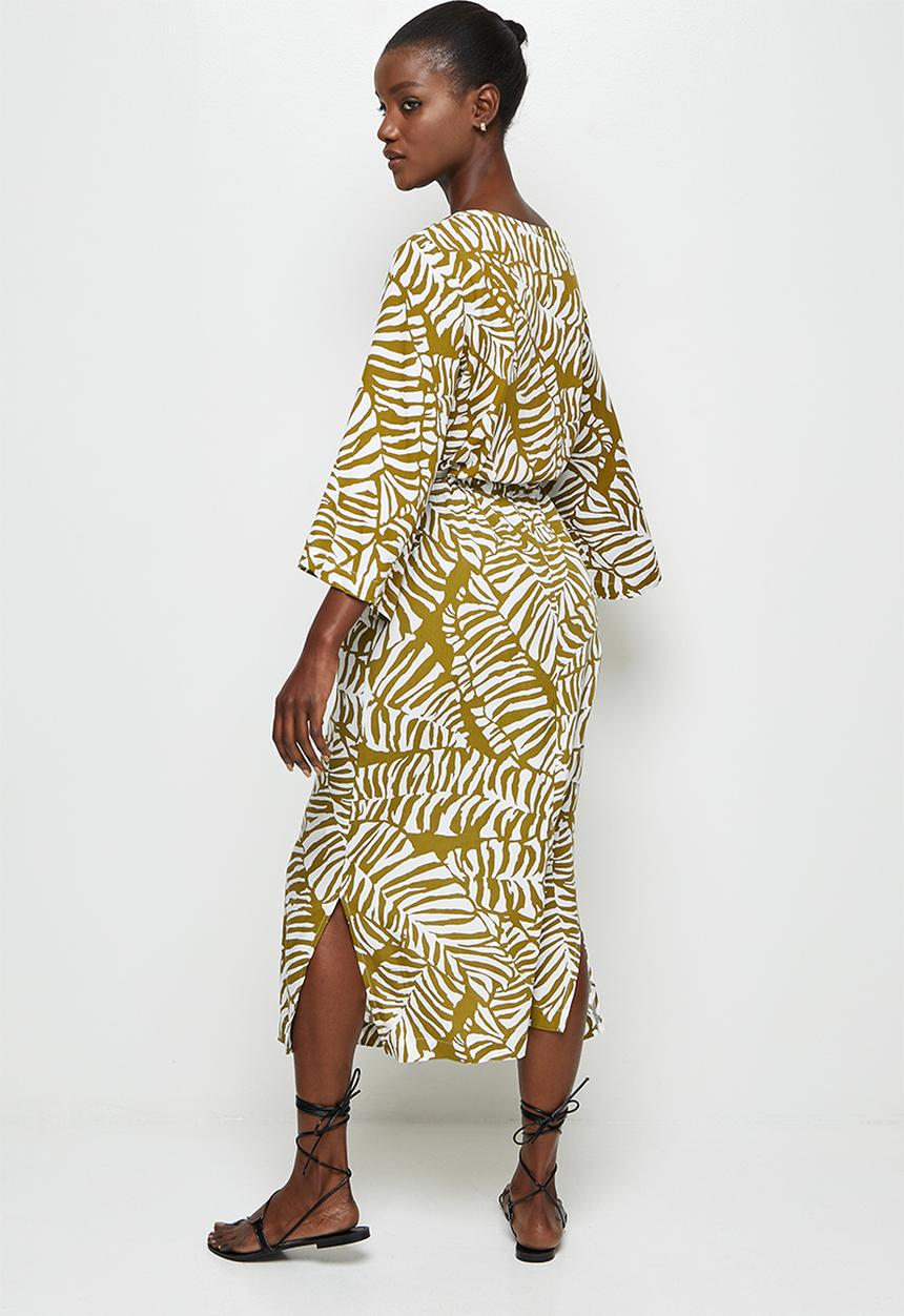 edit - Wide sleeve notch neck midi dress - olive palm print