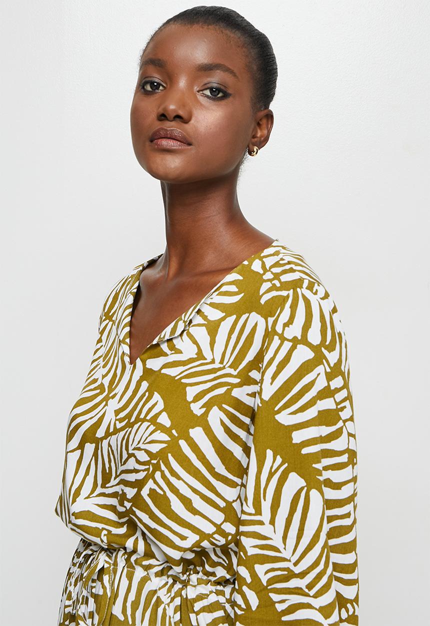 edit - Wide sleeve notch neck midi dress - olive palm print
