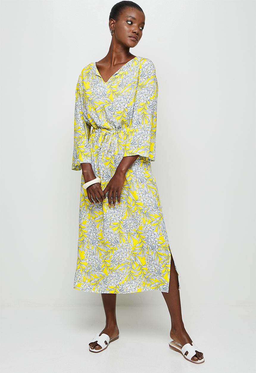 edit - Wide sleeve notch neck midi dress - yellow floral