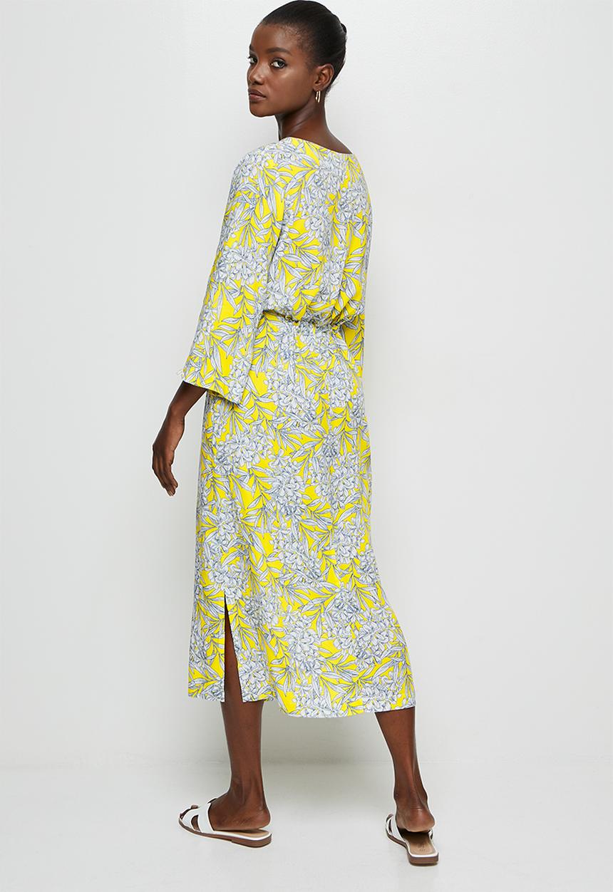 edit - Wide sleeve notch neck midi dress - yellow floral