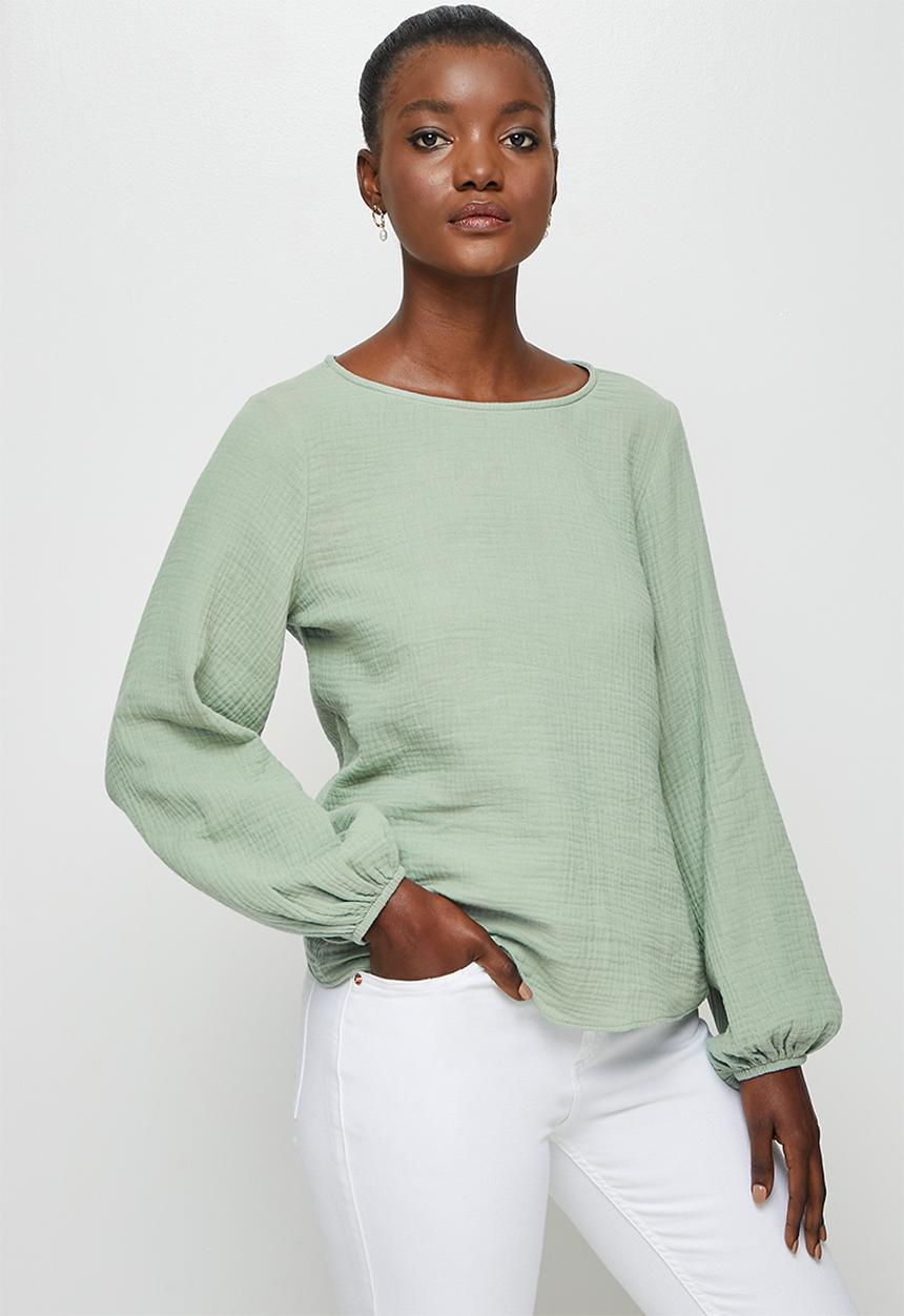 edit - Cotton balloon sleeve blouse - sage