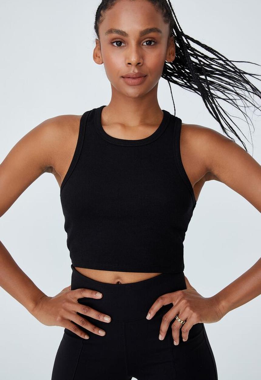 Cotton On - Rib racer crop tank top - black