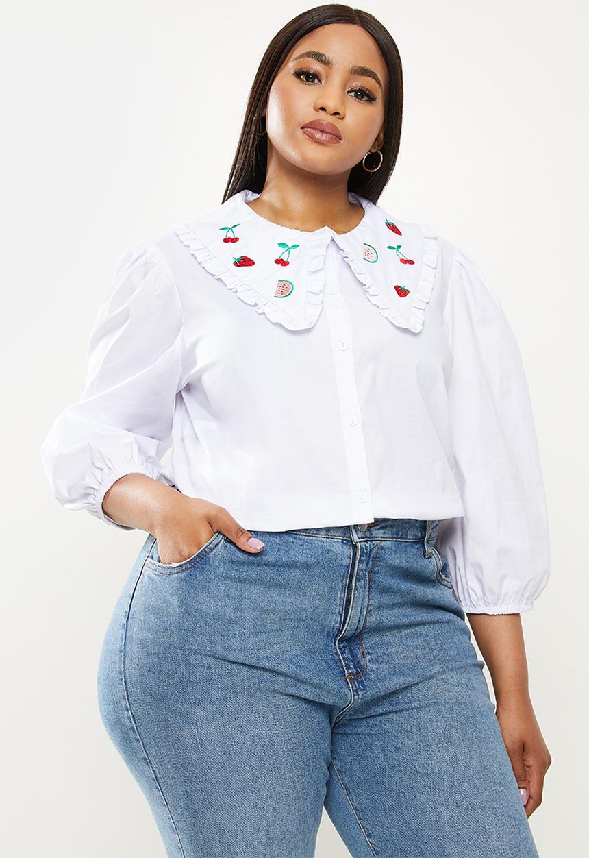 Me&B - Plus large collar shirt with puff sleeves - white