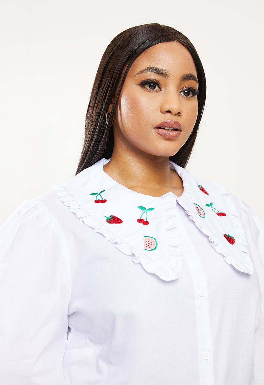 Me&B - Plus large collar shirt with puff sleeves - white
