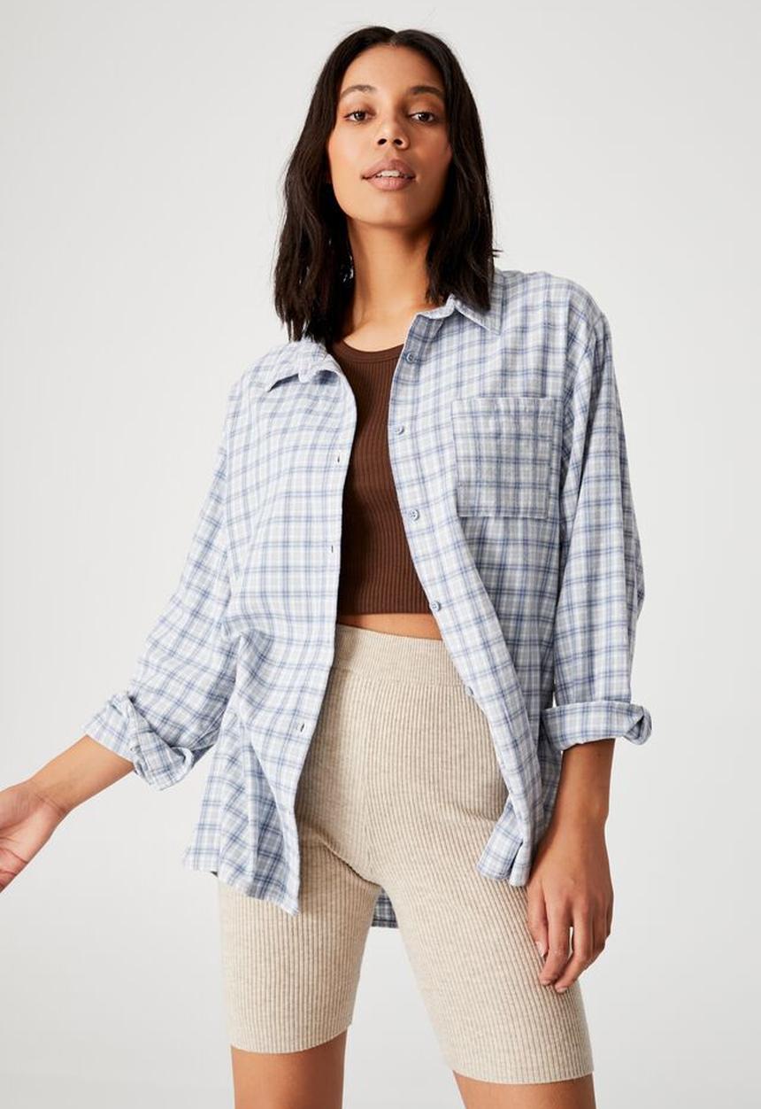 Cotton On - Boyfriend shirt - danny check sunfaded denim