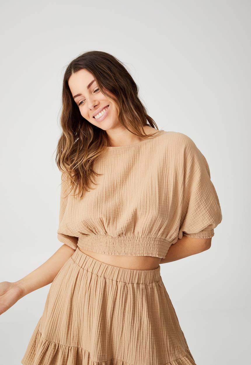 Cotton On - Riviera cropped blouse - brown taupe