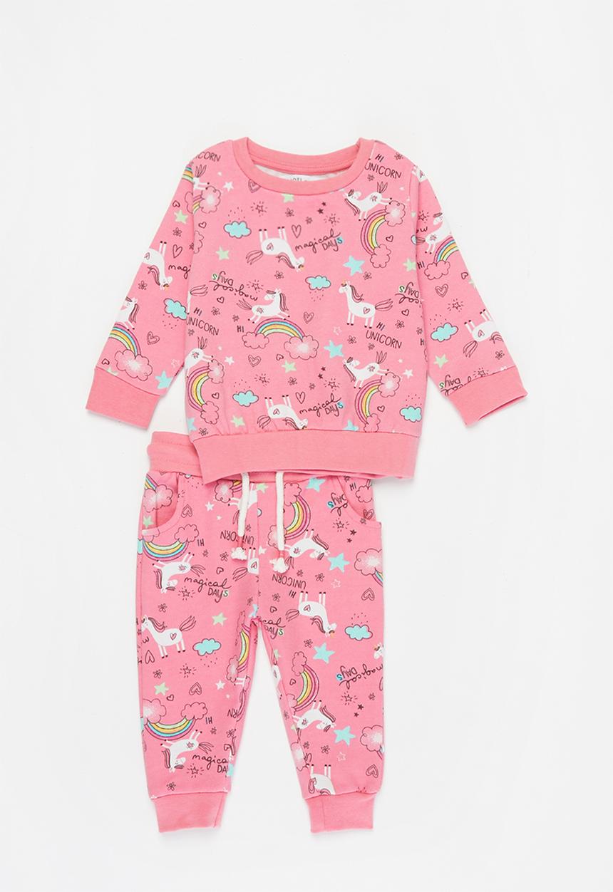 MINOTI - Baby girls basic aop fleece sweat set - pink