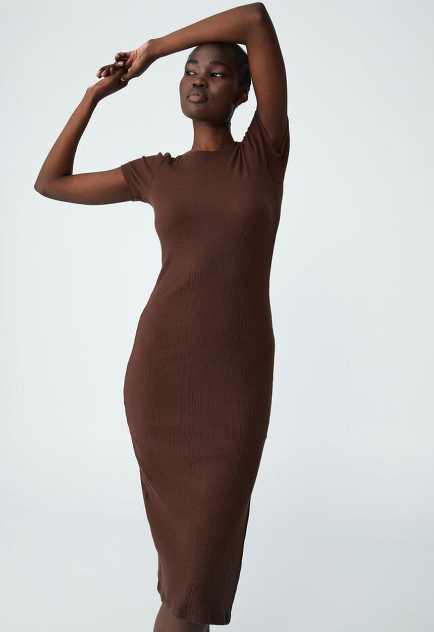 Cotton On - Essential split short sleeve midi dress - rich chocolate