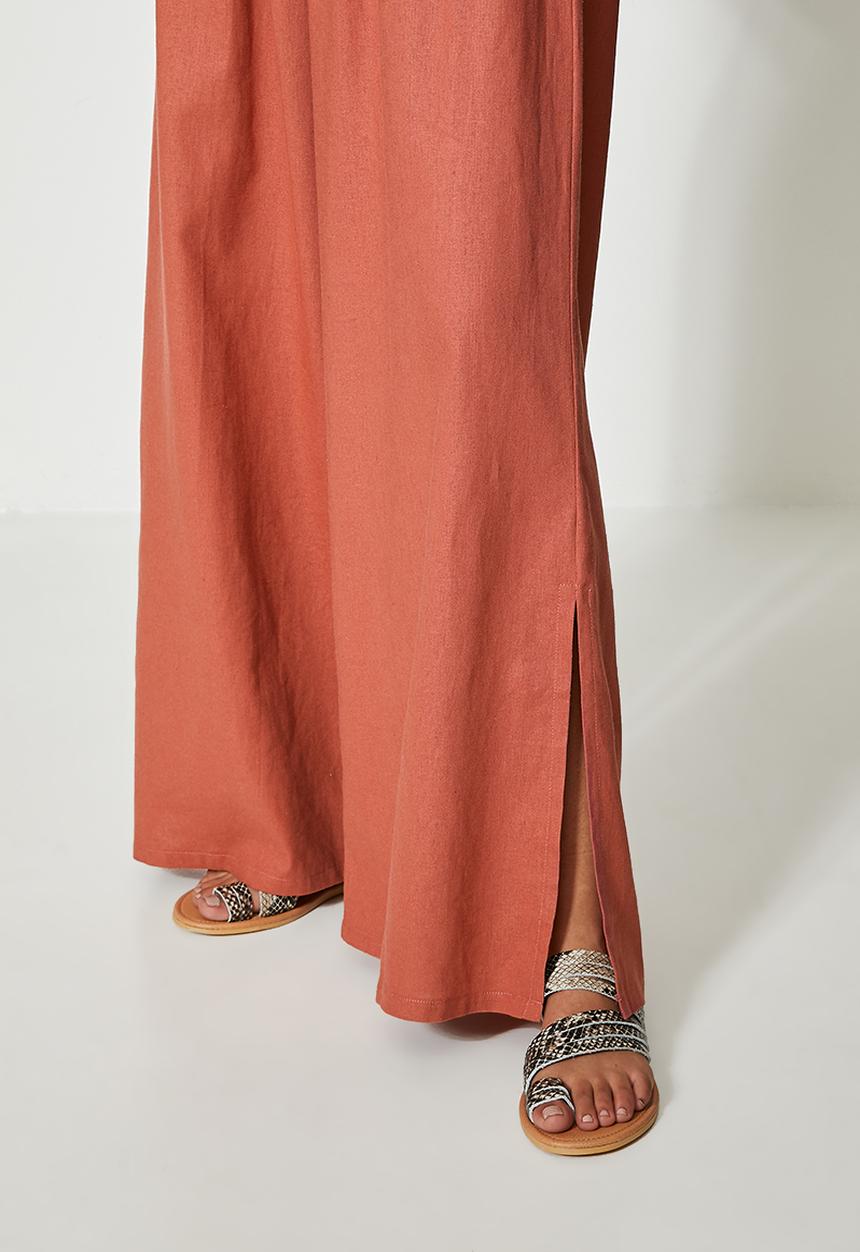 VELVET - Linen pull on wide leg with slits - rust