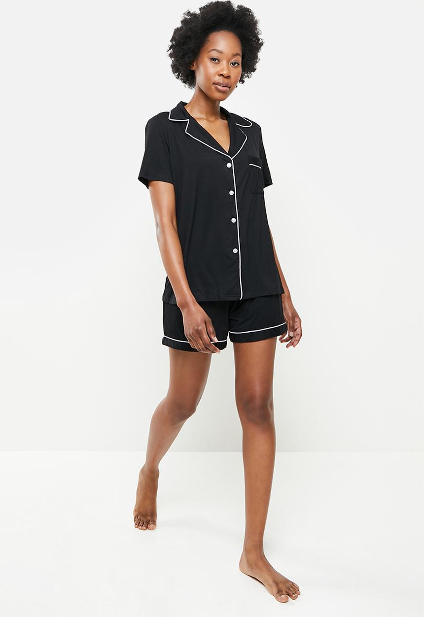 dailyfriday - Piped sleep shirt & shorts set - black