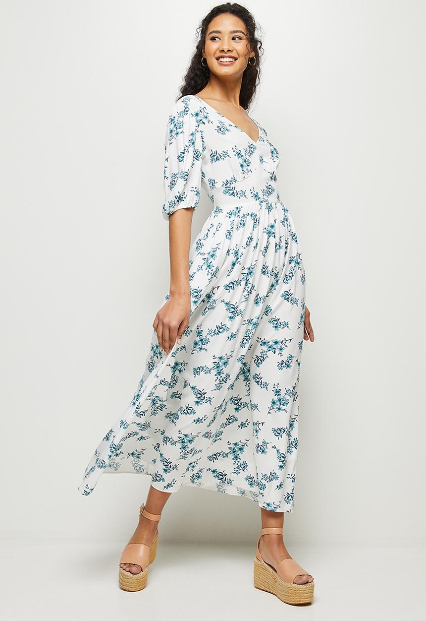 MILLA - Puff sleeve fit & flare midi dress - white & blue