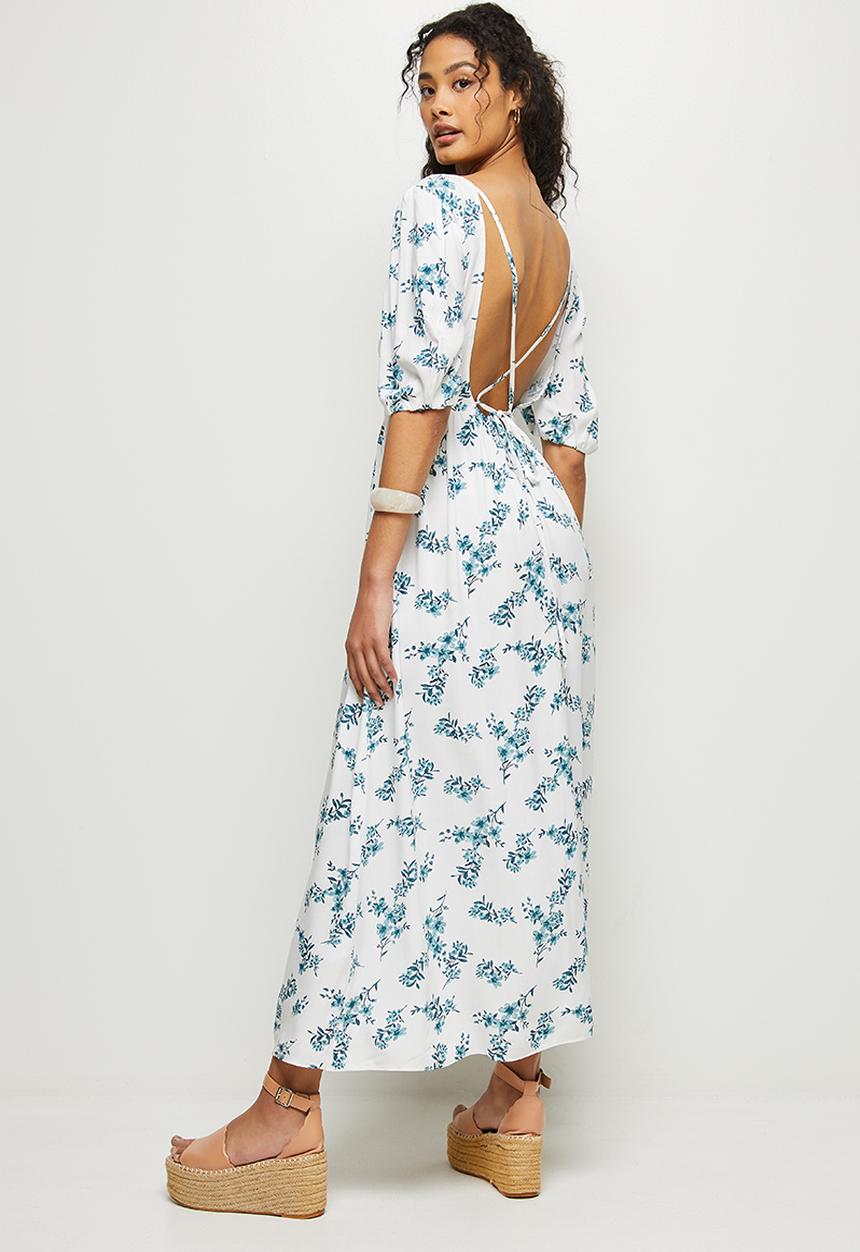 MILLA - Puff sleeve fit & flare midi dress - white & blue