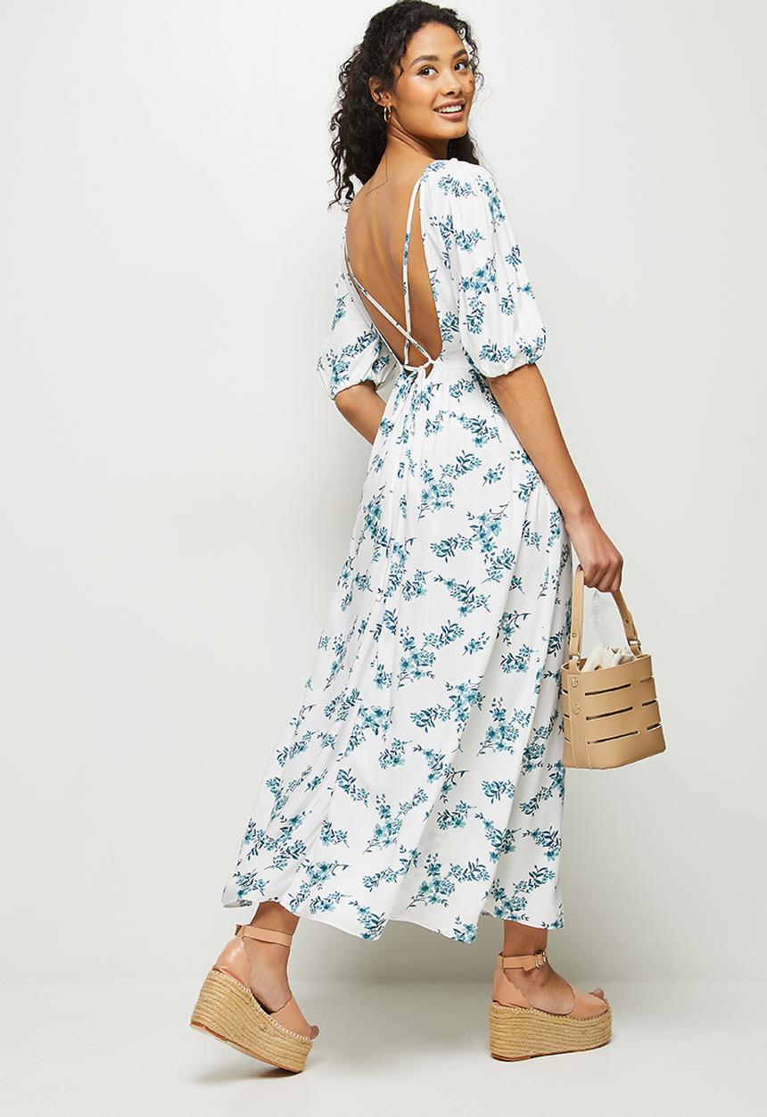 MILLA - Puff sleeve fit & flare midi dress - white & blue