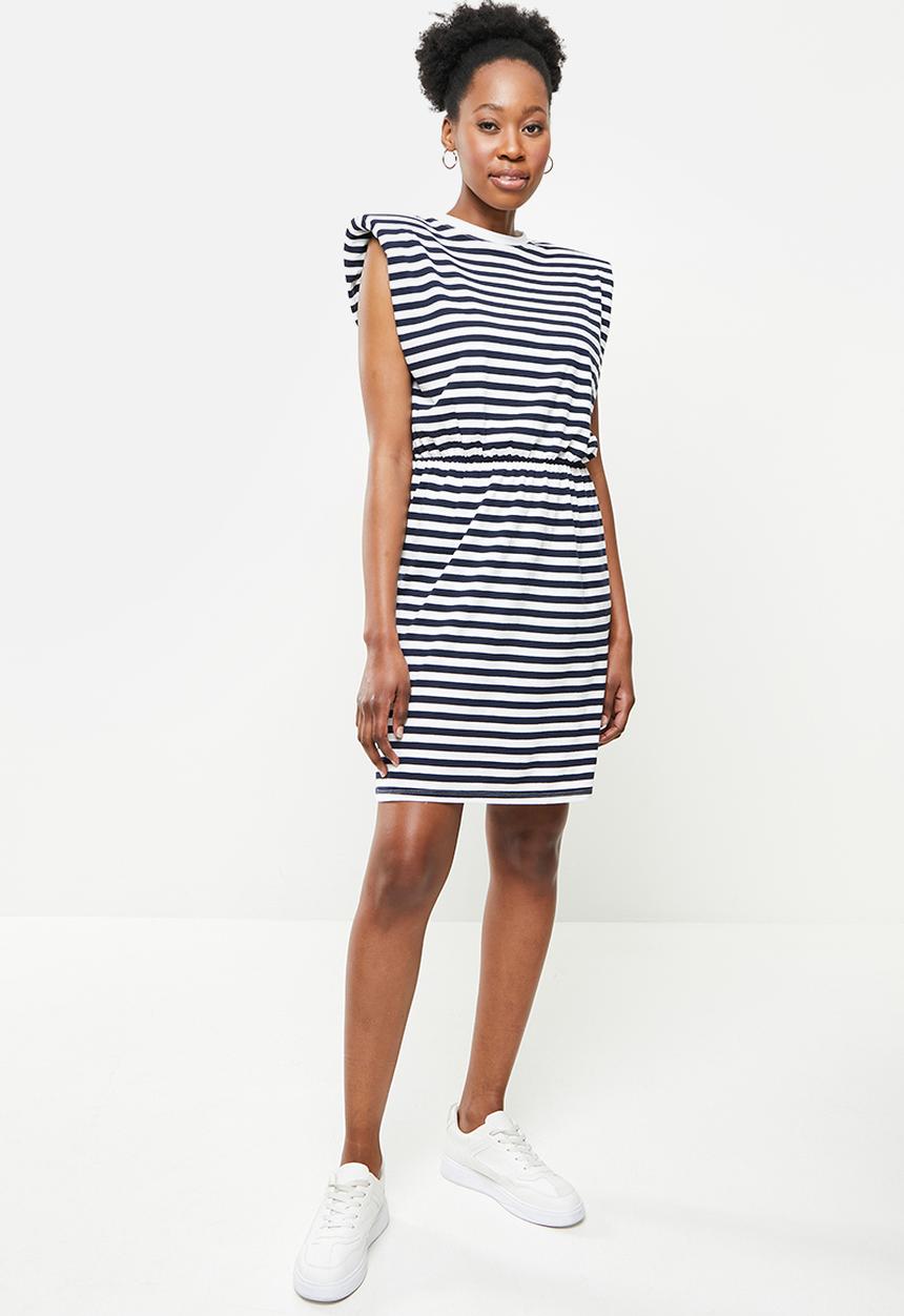 ONLY - Jen life sleeveless shoulderpad dress - white & navy