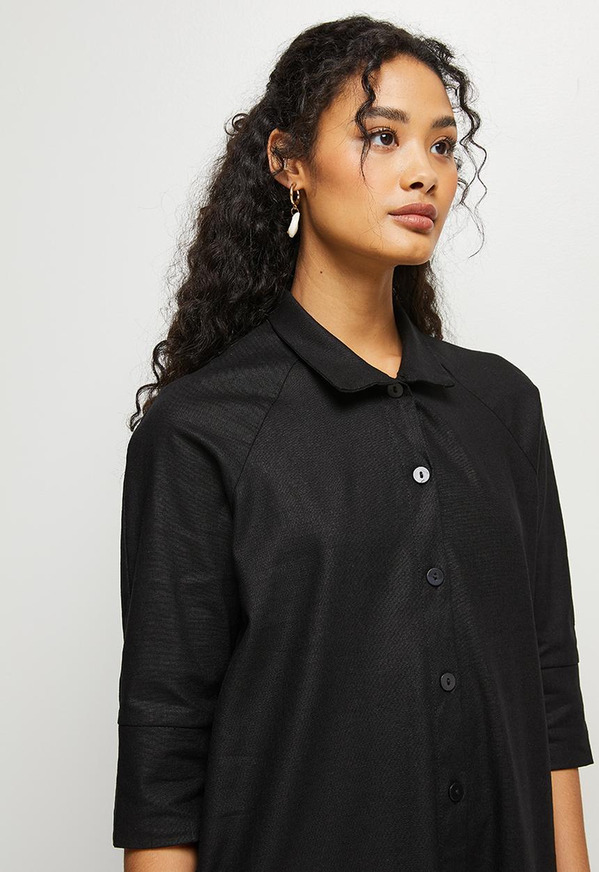 edit - Linen a-line shirt dress - black