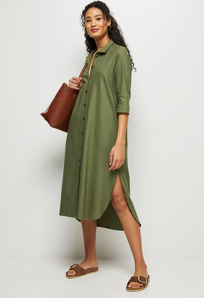 edit - Linen a-line shirt dress - fatigue