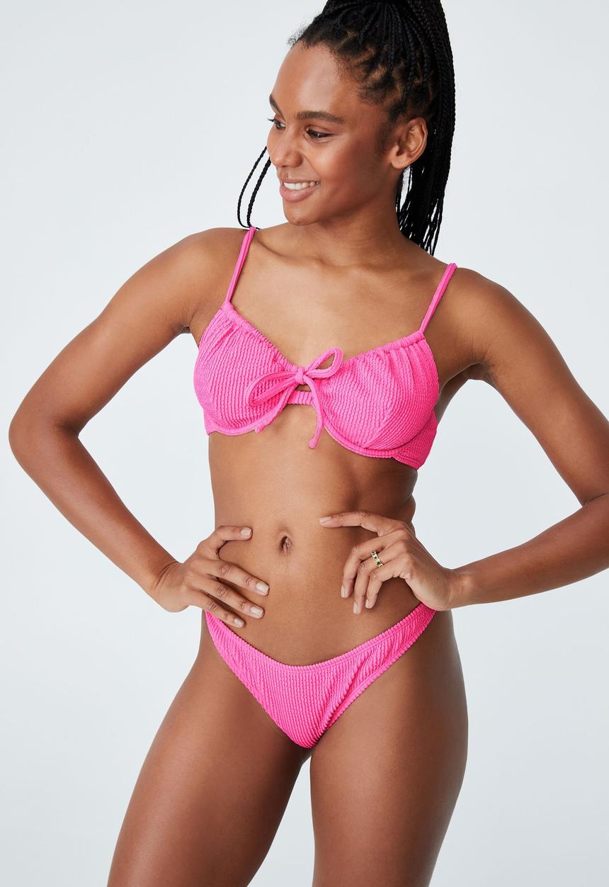 Cotton On - High side brazilian seam bikini bottom - aurora pink crinkle