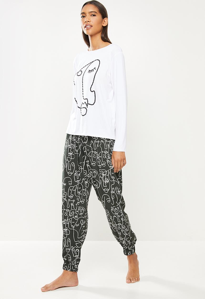 Superbalist - Sleep long sleeve top and pants set - white & black