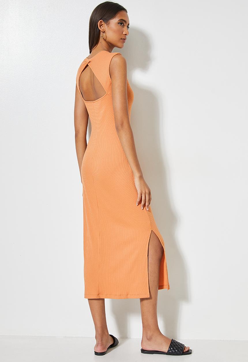 VELVET - Open back rib pencil dress - tan