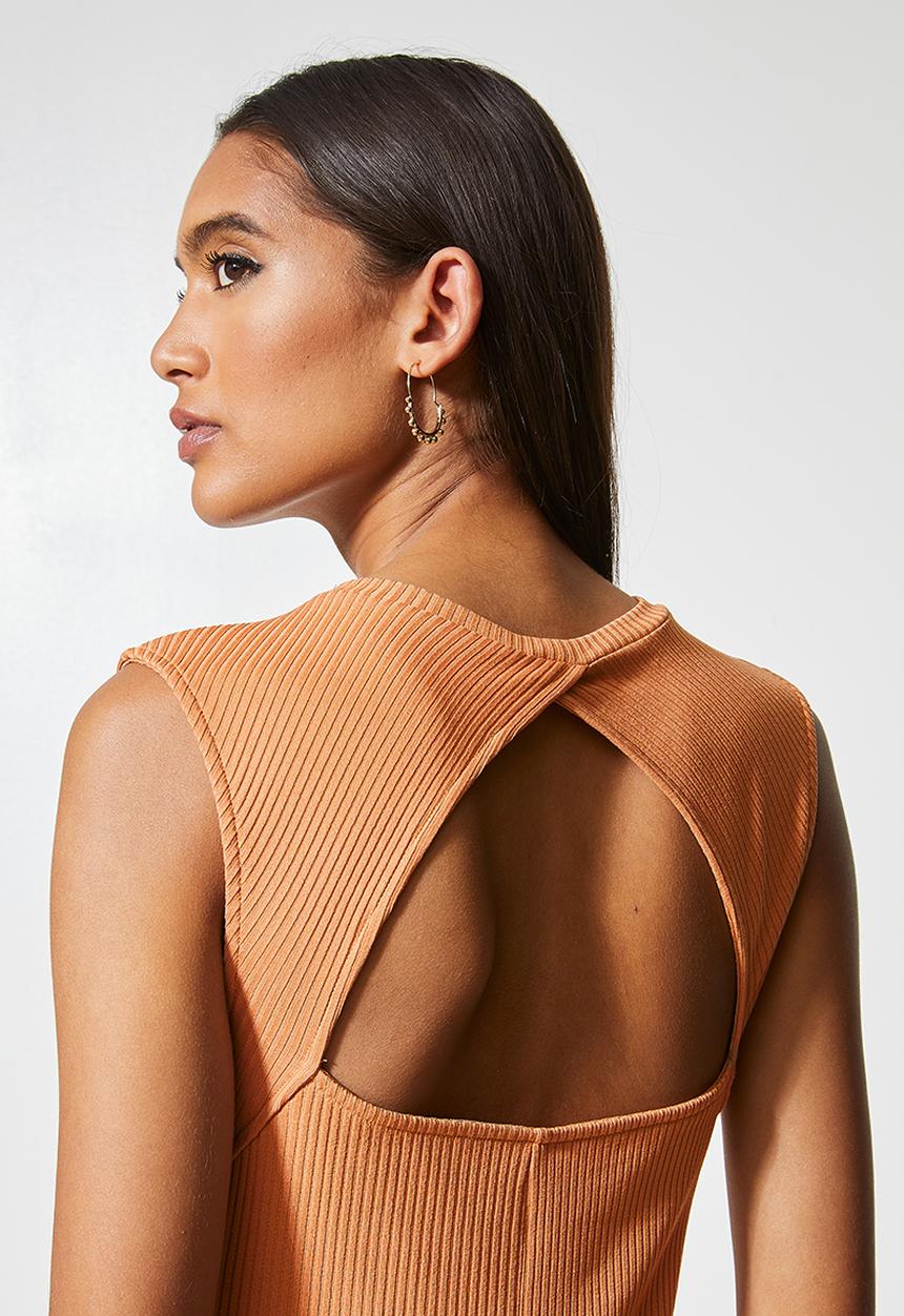 VELVET - Open back rib pencil dress - tan