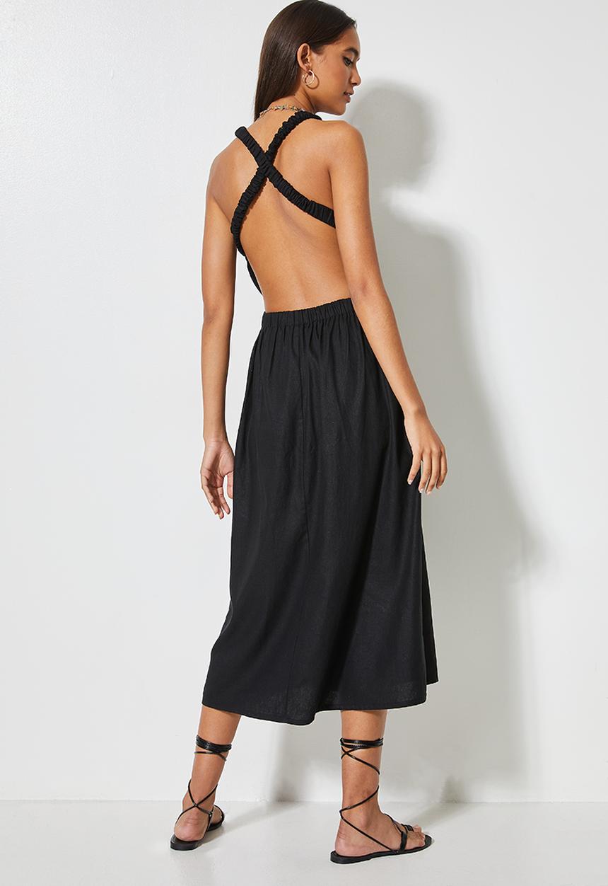 VELVET - Cross over back strappy fit & flare midi - black 