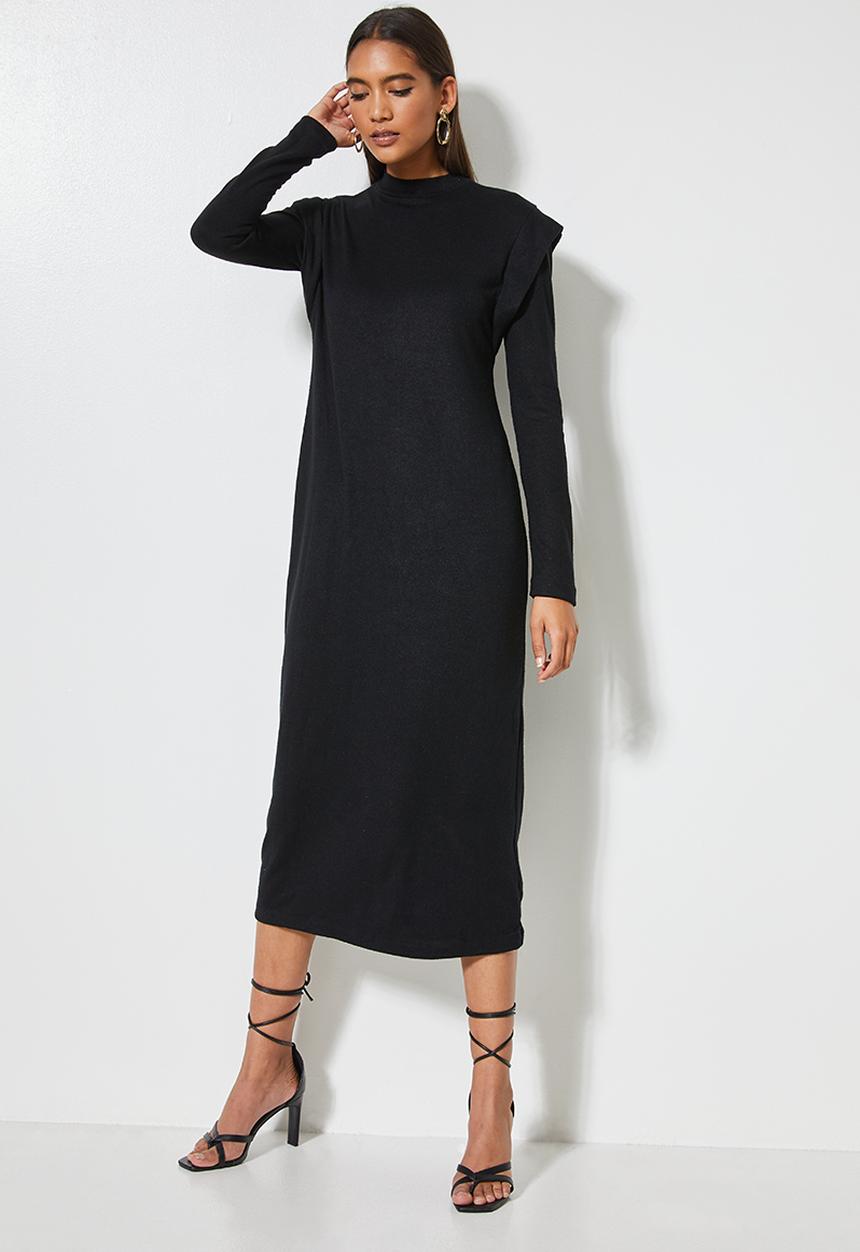 VELVET - Brushed soft touch power shoulder column midi dress - black