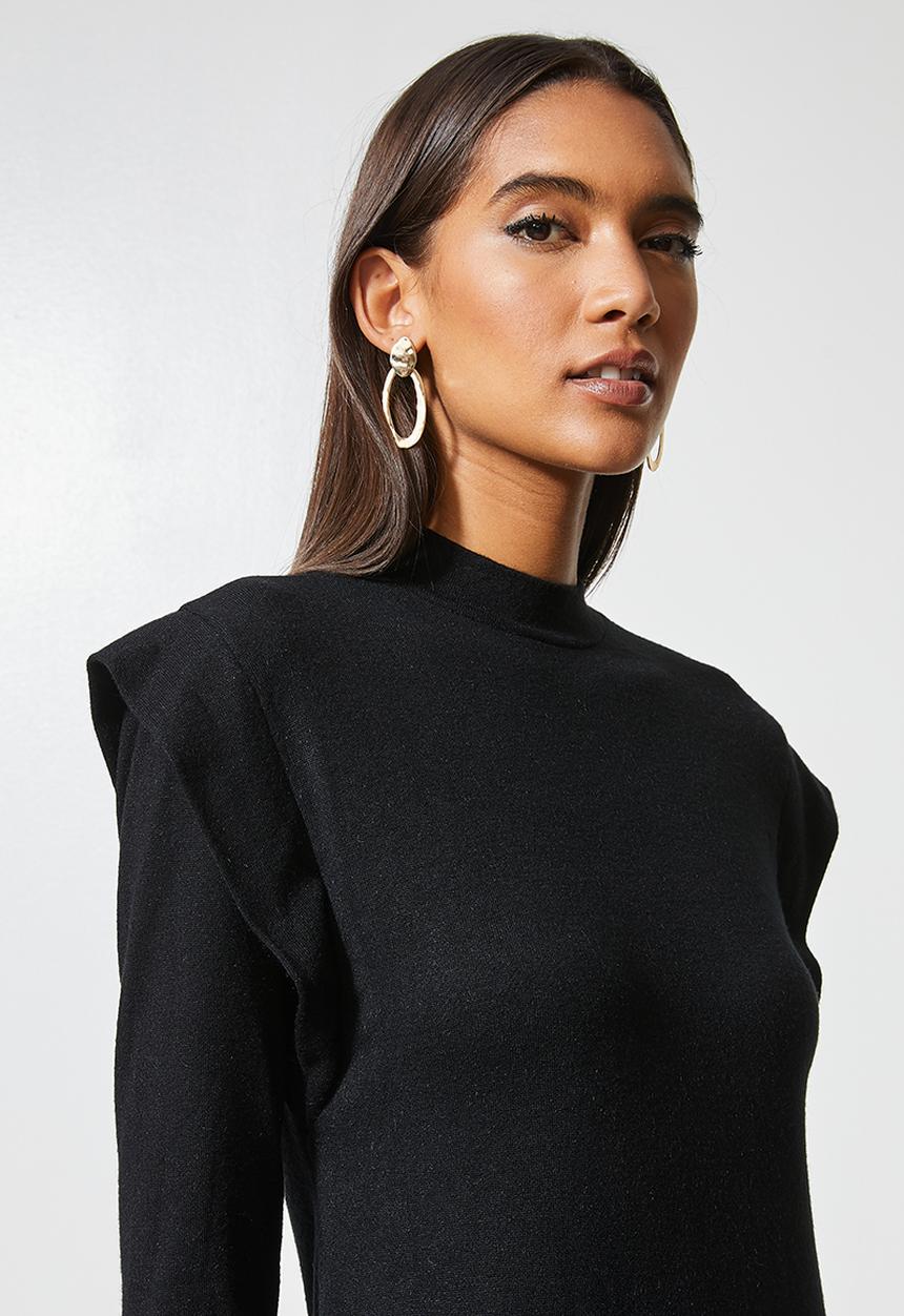VELVET - Brushed soft touch power shoulder column midi dress - black