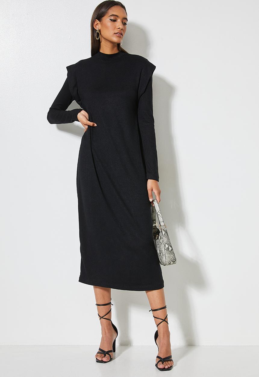 VELVET - Brushed soft touch power shoulder column midi dress - black