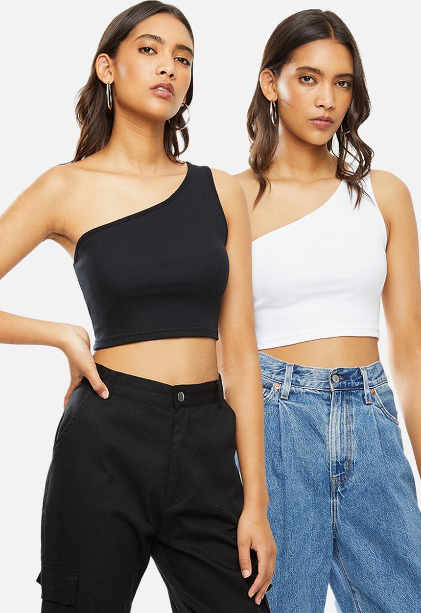 Blake - 2 pack asymmetric crop tee - black & white