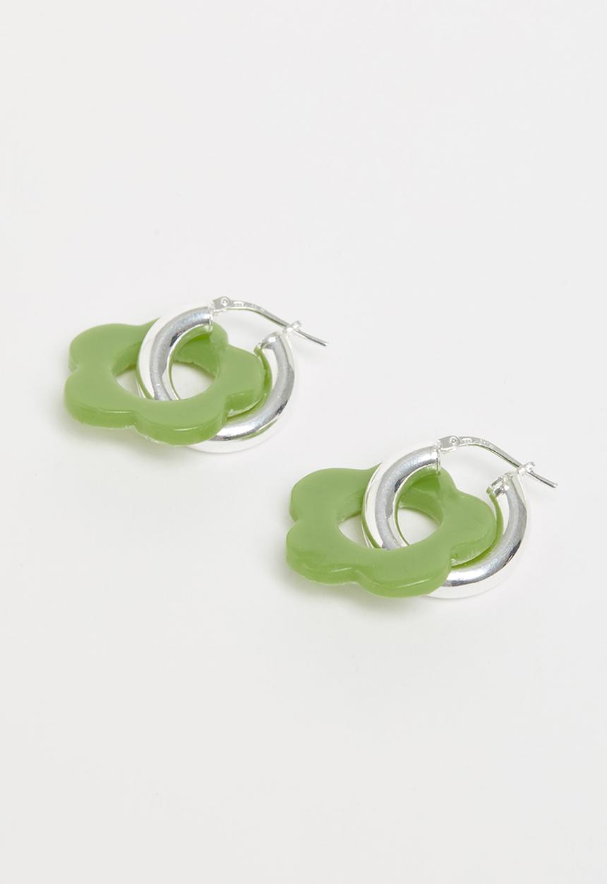 Pina Jewels - Sterling silver hoops bottle green daisy earrings - green