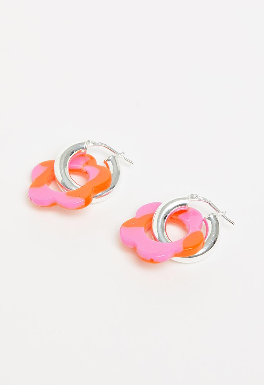 Pina Jewels - Sterling silver hoops daisy earrings - pink & orange