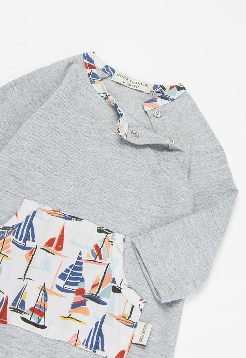 Sticky Fudge - Long sleeve babygrow with kangaroo pocket - grey