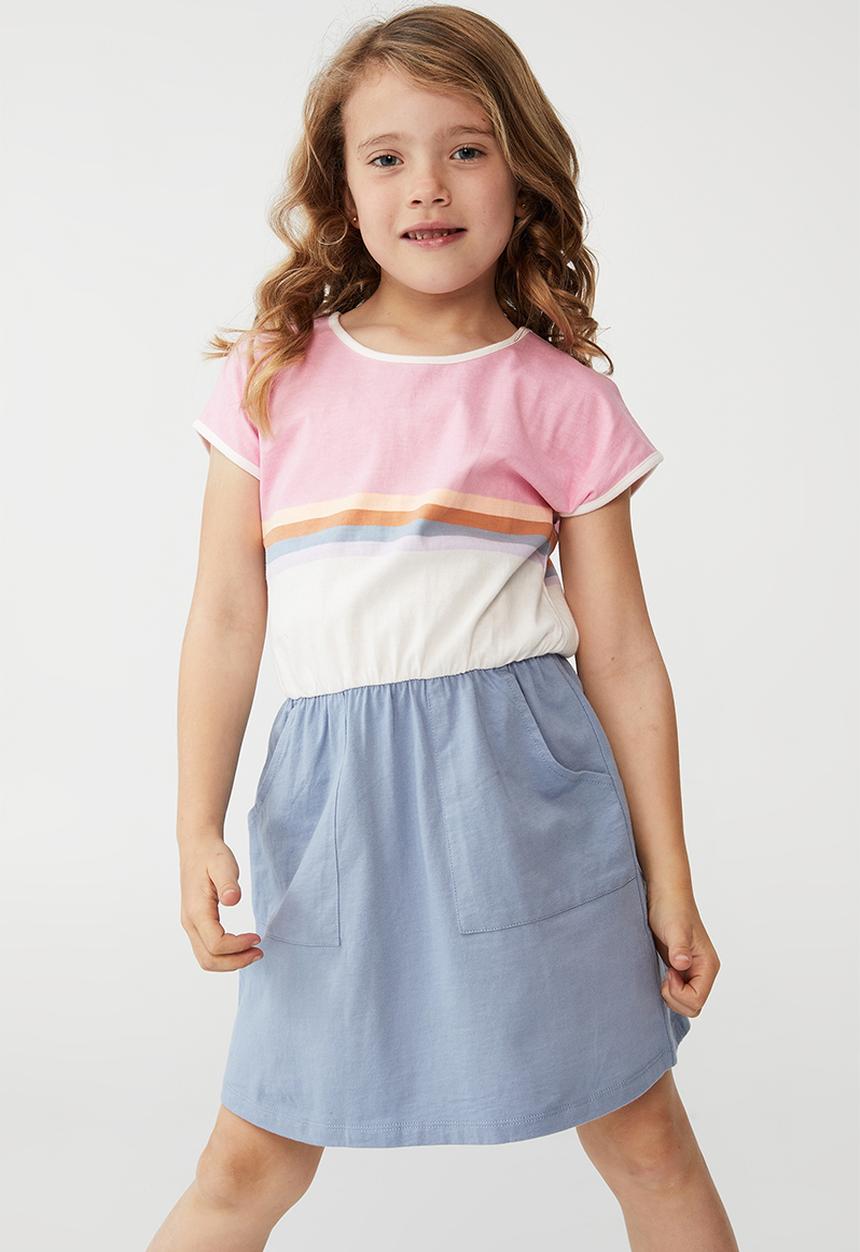 Cotton On - Sigrid short sleeve dress - dusty blue/retro colour block