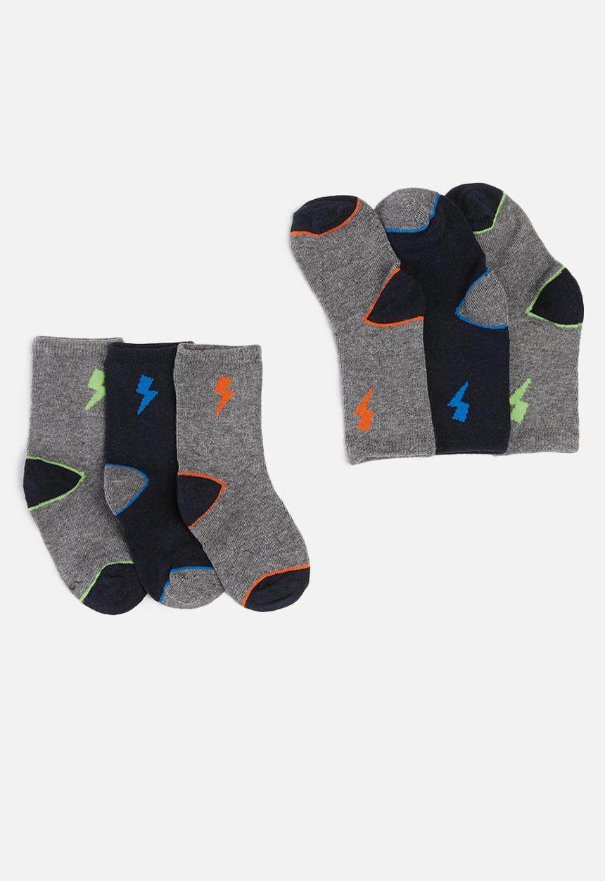 MINOTI - Boys 3 pack lightning bolt socks - navy & grey