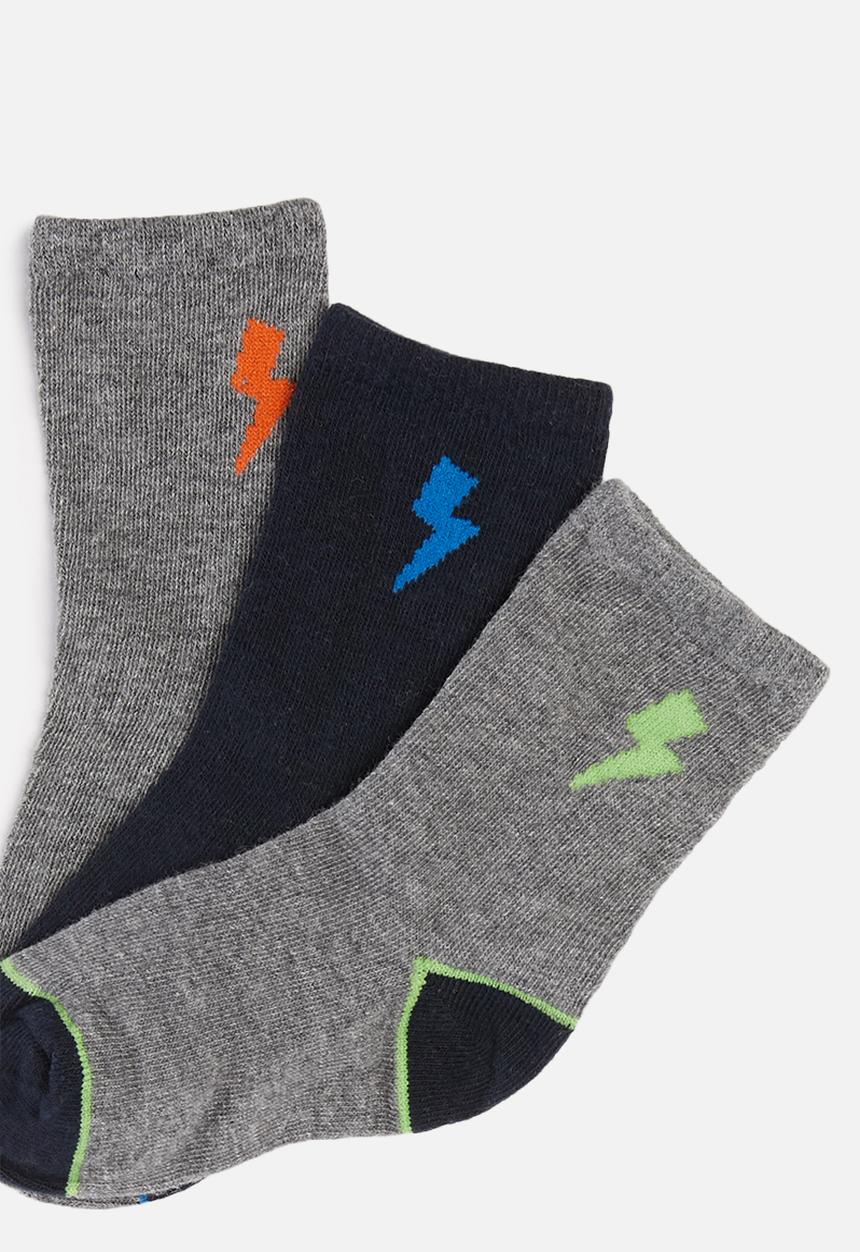 MINOTI - Boys 3 pack lightning bolt socks - navy & grey
