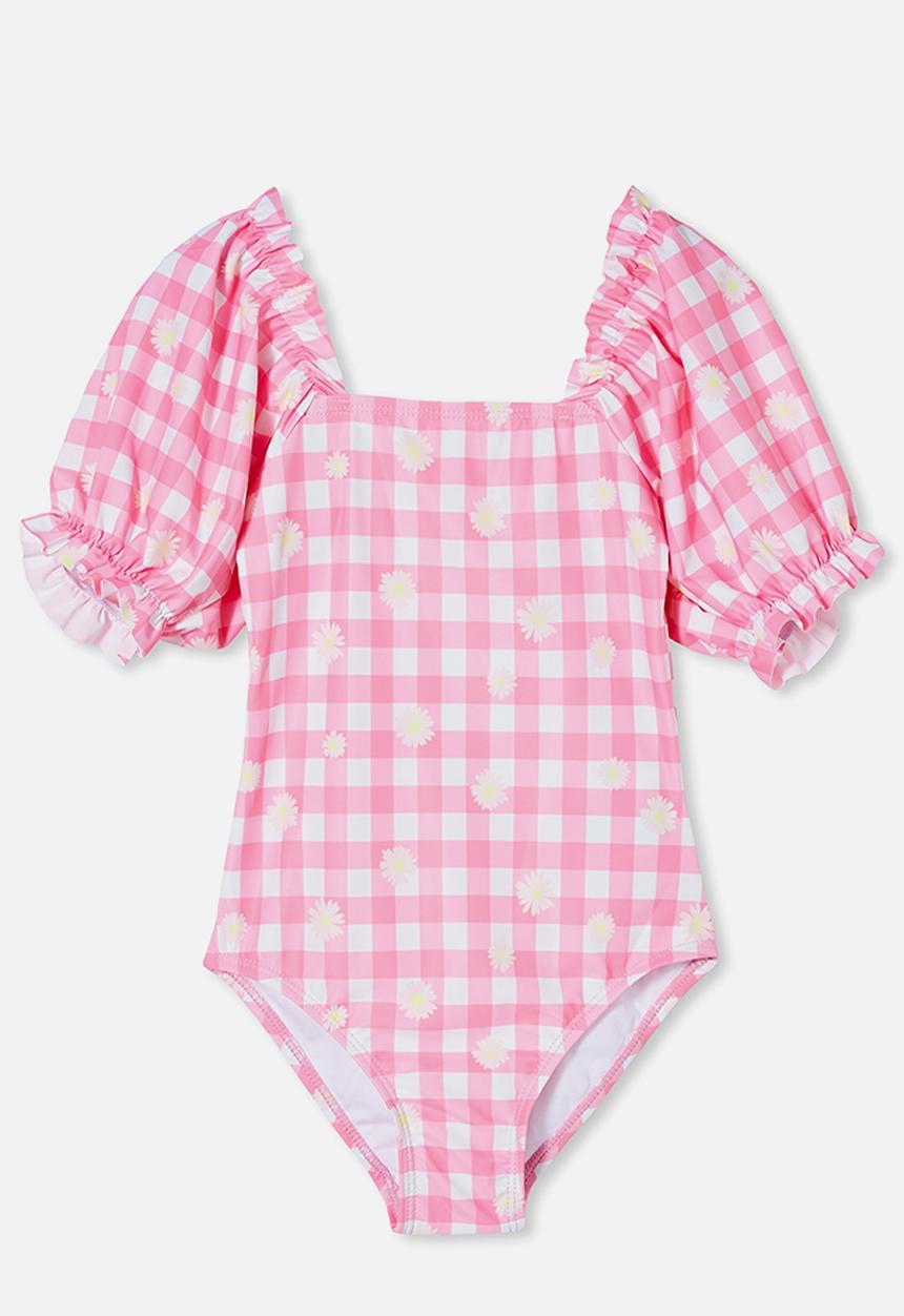 Cotton On - Paige puff sleeve one piece - pink punch/gingham daisy